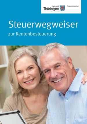 Titelbild mit der Aufschrift Steuerwegweiser zur Rentenbesteuerung und einem Rentnerehepaar, das in die Kamera lächelt Titelbild mit der Aufschrift Steuerwegweiser zur Rentenbesteuerung und einem Rentnerehepaar, das in die Kamera lächelt