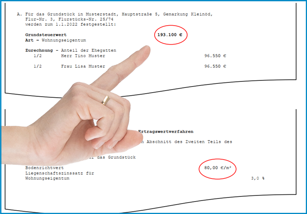 ausgestreckter Finger zeigt auf Steuerbescheid