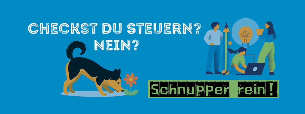 ein gezeichneter Hund riecht an einer Blume, Schriftzug: Schnupper rein
