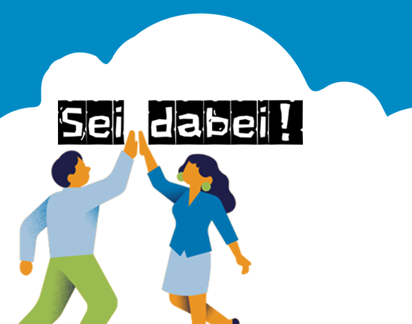 gemalte Frau und Mann klatschen sich unter dem Schriftzug "Sei dabei" ab