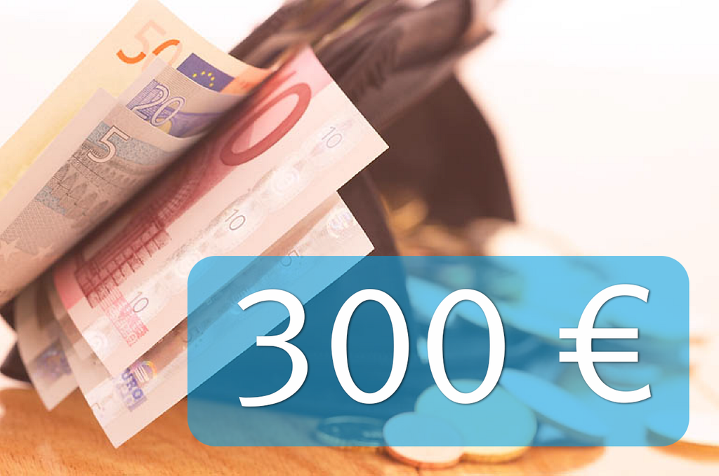 geöffnetes Portemonnaie, im Vordergrund der Schriftzug 300 € geöffnetes Portemonnaie, im Vordergrund der Schriftzug 300 €